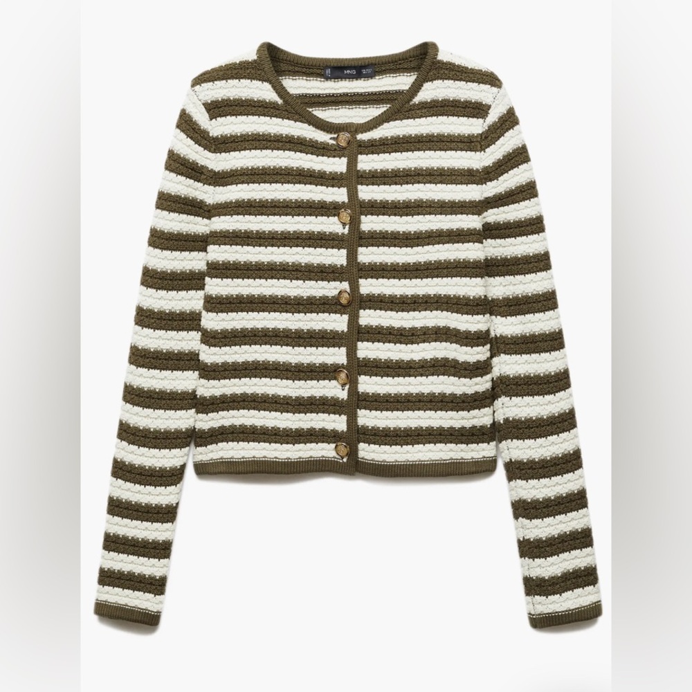 MANGO Stripe Cardigan with Jeweled Buttons‎ Khaki L Large